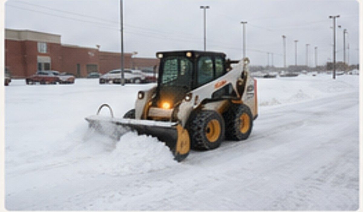 Skid steer clearing snow from a parking area